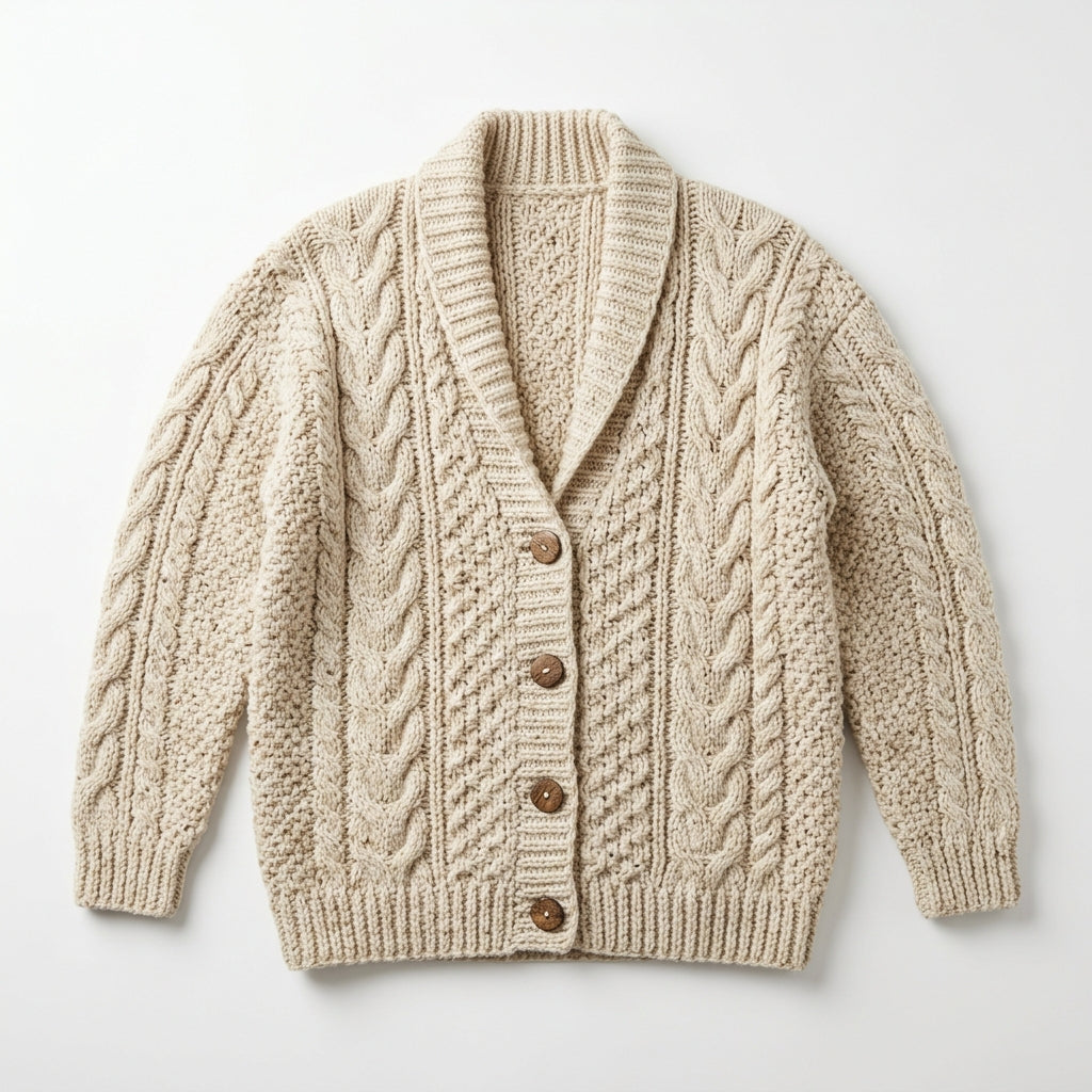 Cardigan held in hands demonstrating tactile plush scale and soft texture