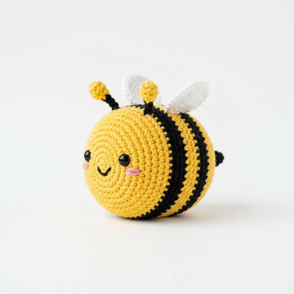Chubby Bumblebee Amigurumi Pattern held in hands demonstrating tactile plush scale and soft texture