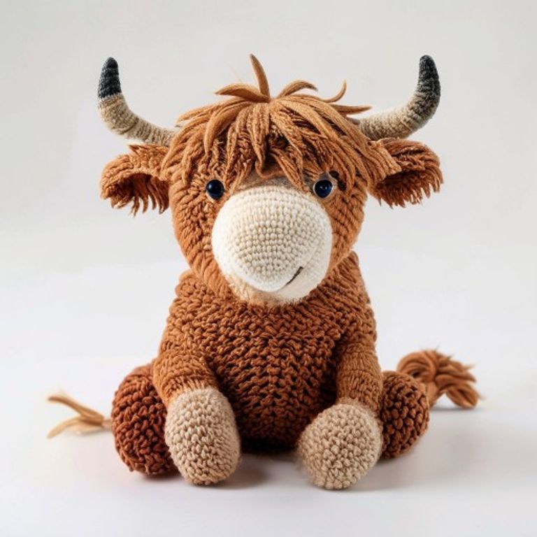 Highland Cow Amigurumi Pattern held in hands demonstrating tactile plush scale and soft texture