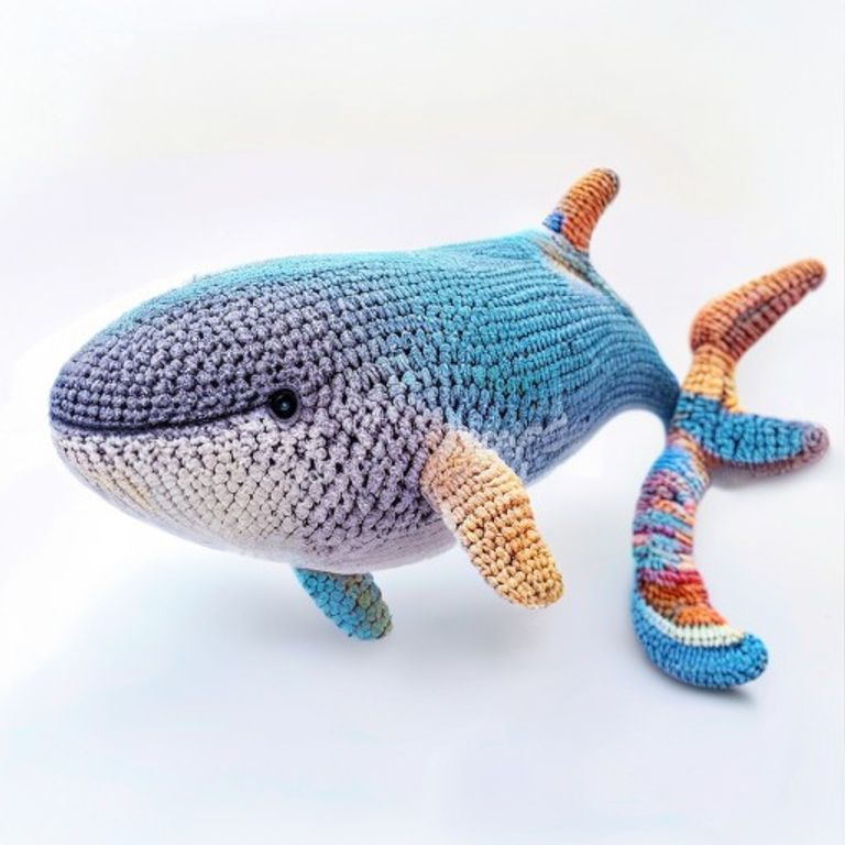 Whale held in hands demonstrating tactile plush scale and soft texture